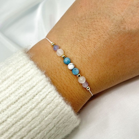 Bransoletka zodiakalna Bliźnięta | fluoryt, kryształ górski, akwamaryn, howlit